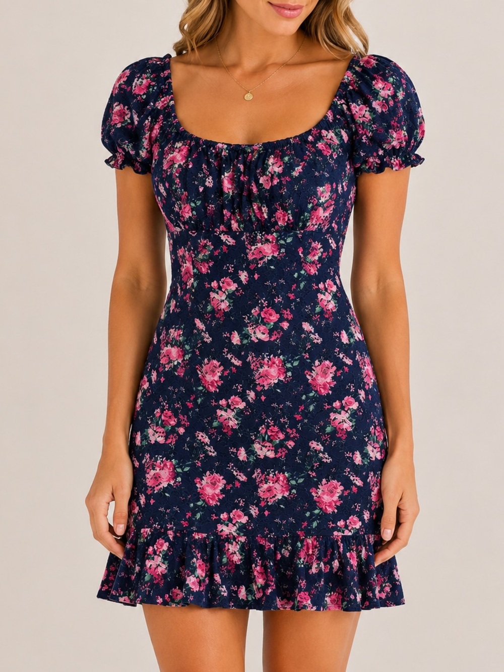 Emerald Sundae Navy Floral One-Shoulder Ruffle Hem Dress